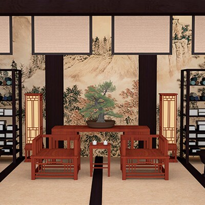 中式古代房间室内木质家具书屋书房客厅大厅厅堂桌椅高清大屏图片