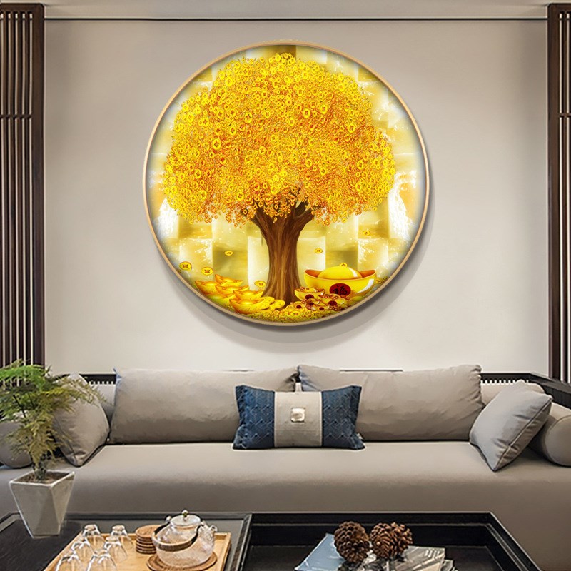 新中式装饰画客厅沙发背景墙卧室后墙上挂画摇钱S树圆形发财树壁图片