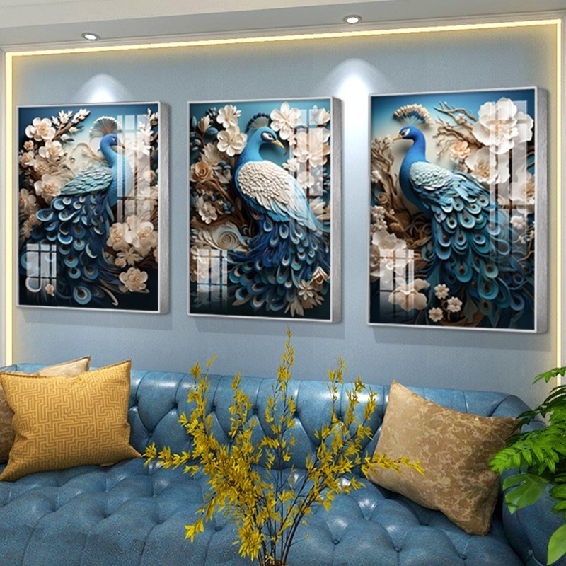高档欧式沙发背景墙装饰画客厅三联晶瓷I挂画轻奢大气美式艺术壁图片