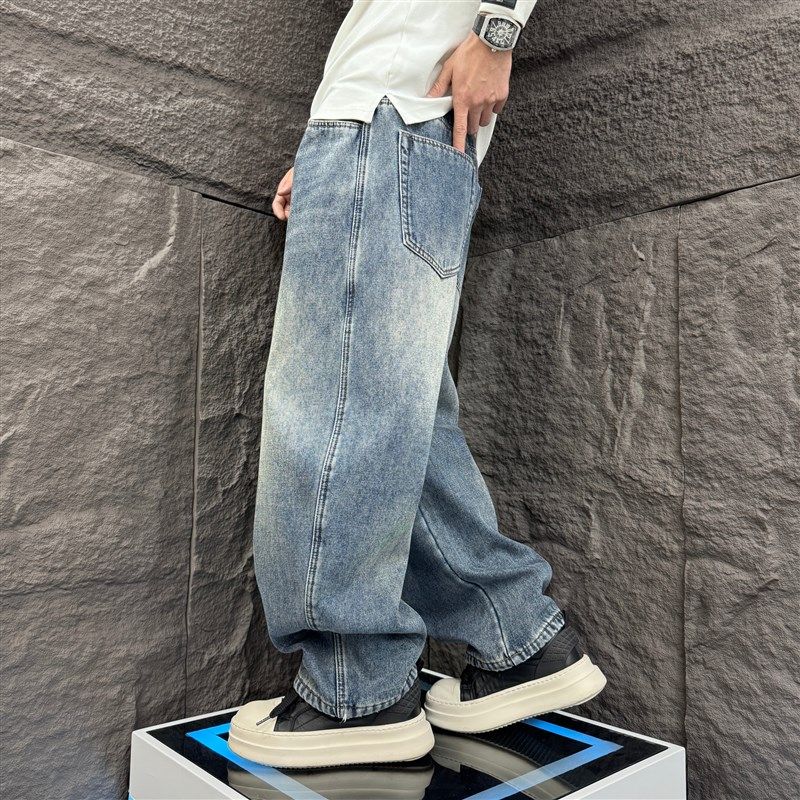 秋冬加绒阔腿大码牛仔裤重磅水洗浅蓝色弯刀裤男士宽松直筒老爹裤