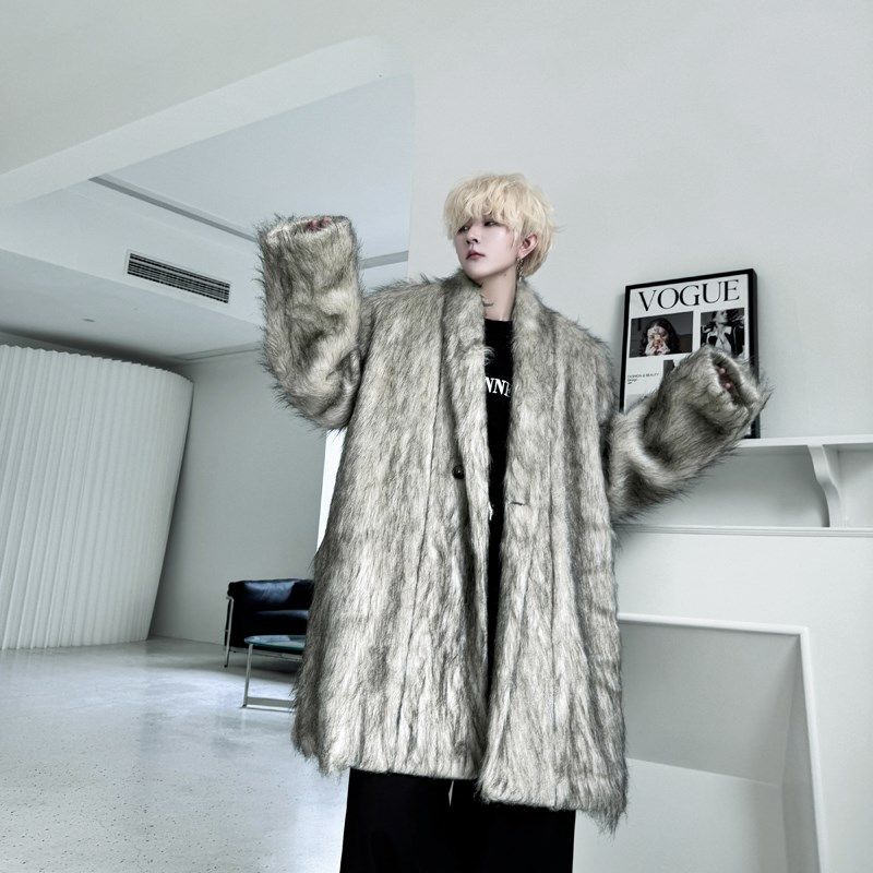 冬装高级感毛毛绒保暖仿皮草大衣外套男厚重磅大廓形中长款仿貂毛