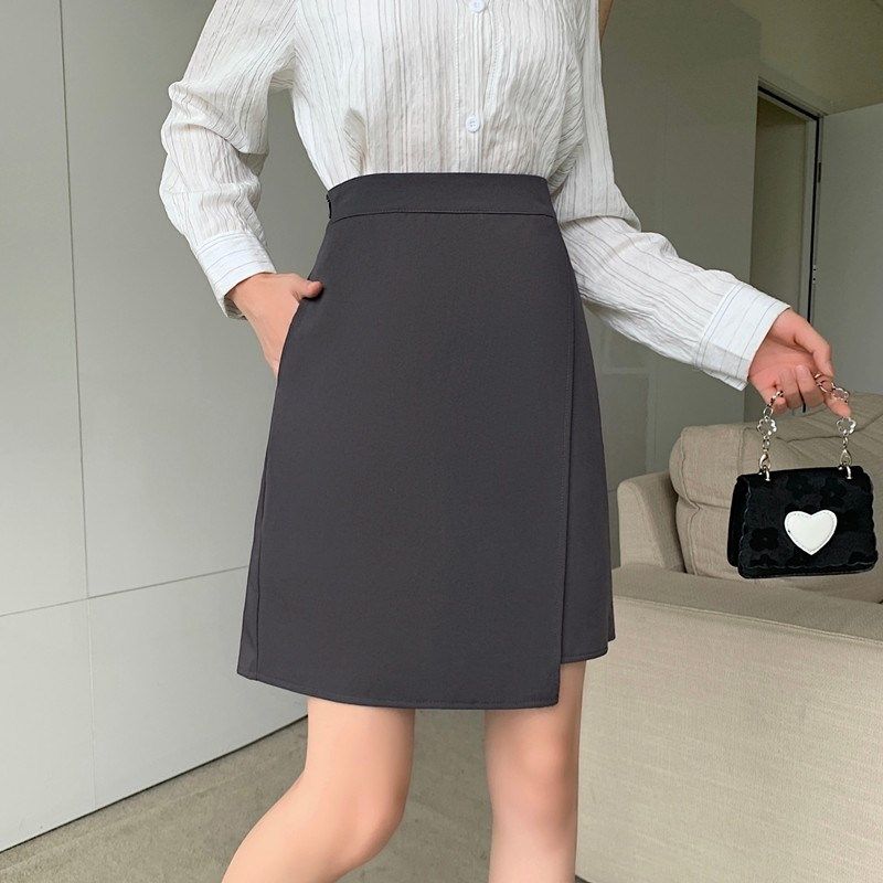 灰色半身裙裤裙女防走光a字裙显瘦遮肚高腰胖mm西装中裙遮胯裙裤