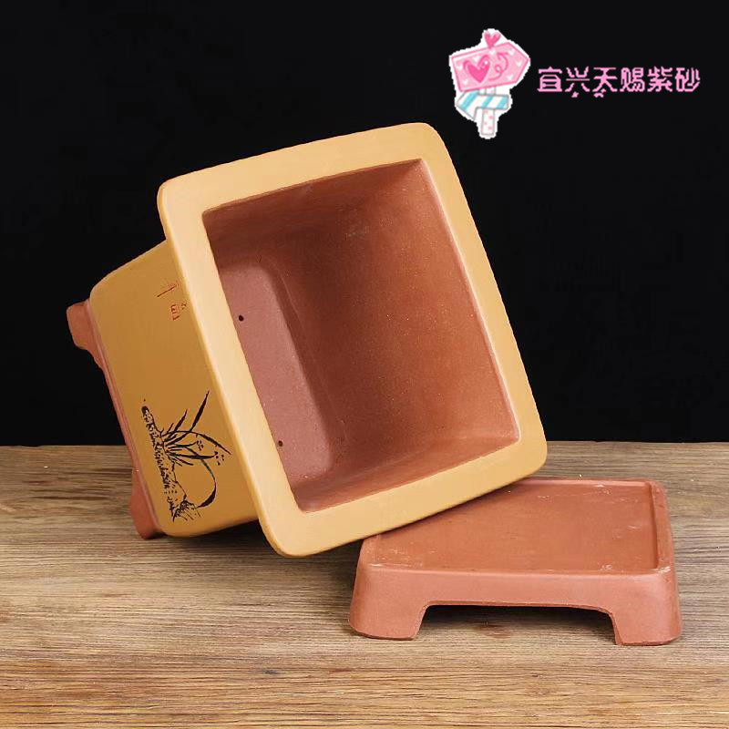 宜兴紫砂花盆大口径高档精品兰花盆四方室内外绿植盆长方盆景带座