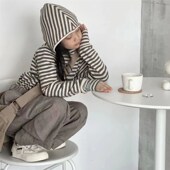 新款 大童儿童春秋款 条纹T恤套头衫 女童卫衣2024春装 春季 连帽上衣