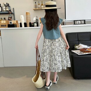 女童夏季连衣裙2024新款洋气女大童夏装碎花裙儿童牛仔马甲长裙子