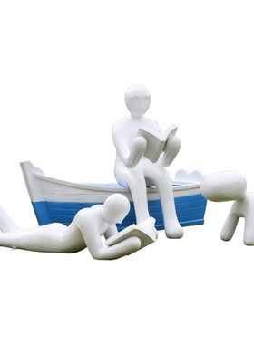 定制儿童读书雕塑抽象白色玻璃钢定做校园小孩看书雕像订人物摆件