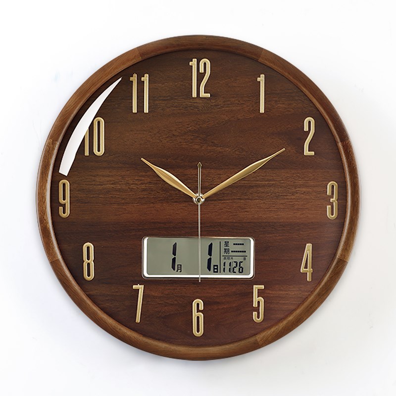 新中式圆形挂钟家用装饰万年历表实木挂墙客厅创意静音石英挂钟表