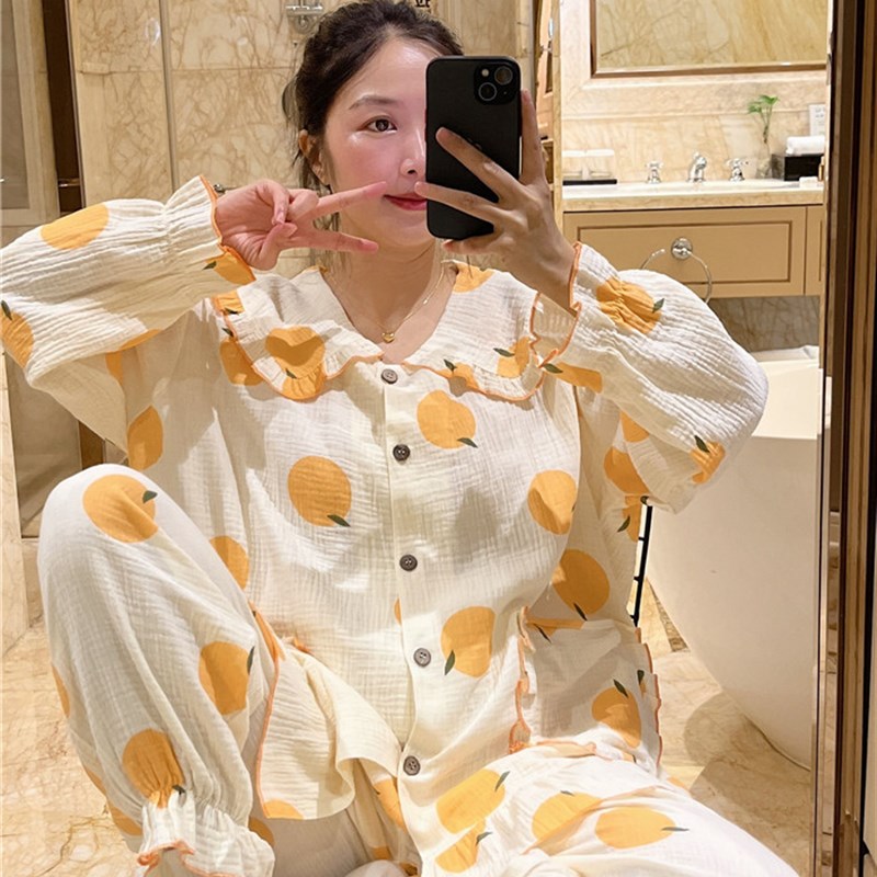 春秋长袖睡衣女双层纱布棉甜美可爱花边家居服大码胖mm200斤套装
