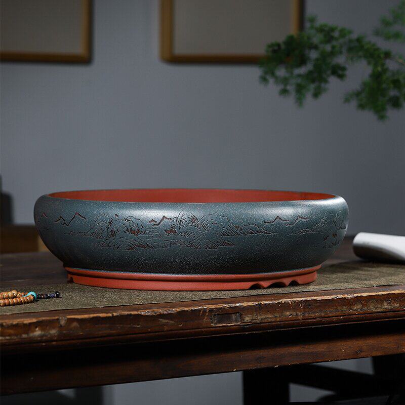 特大号无孔紫砂铜钱草水培花盆圆盆碗莲一叶莲塔竹上水石专用花盆