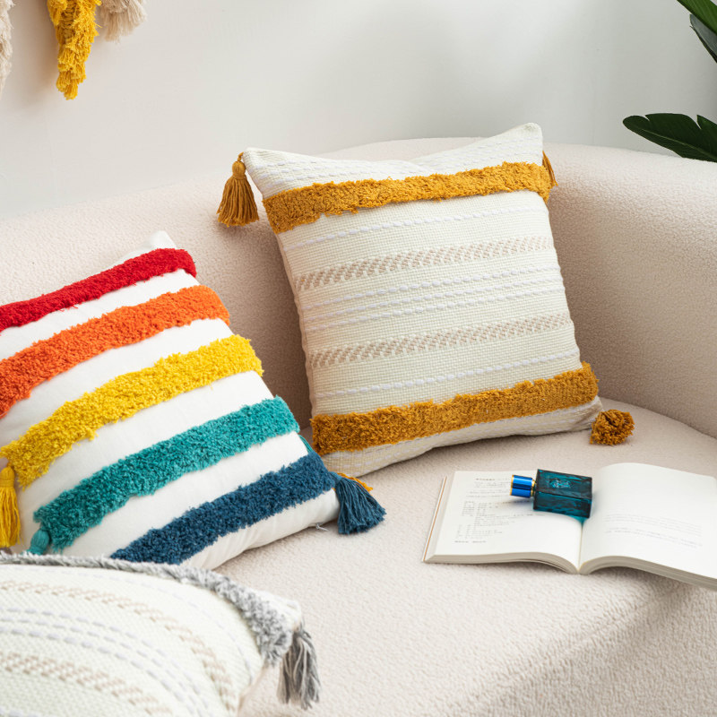 流苏绣花彩虹抱枕小清新田园靠垫搭配装饰客厅沙发靠背垫靠枕飘窗