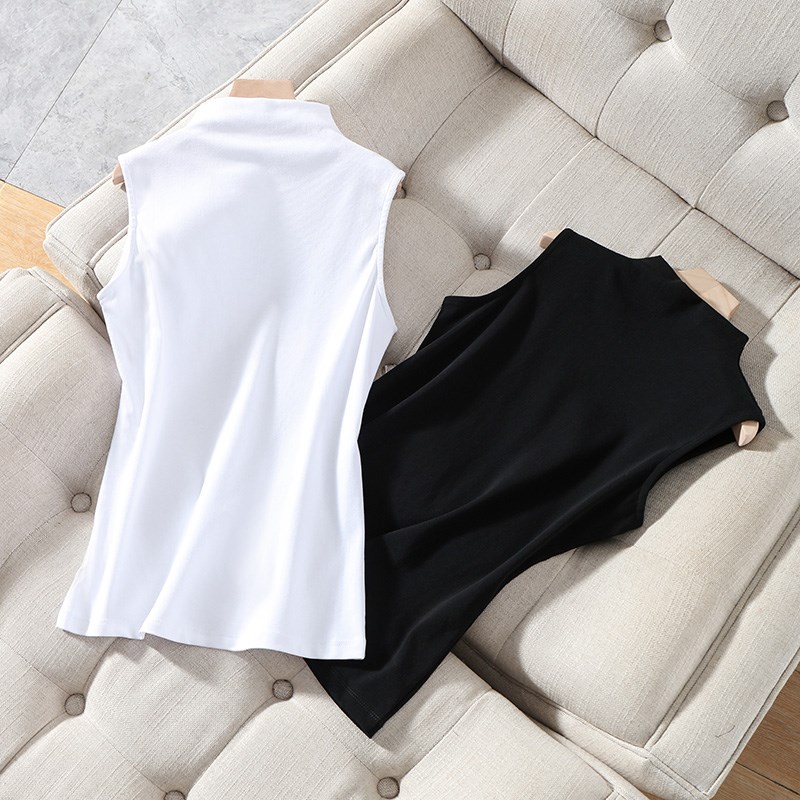 白色半高领背心女内搭打底衫外穿无袖t恤春秋新款针织棉气质上衣