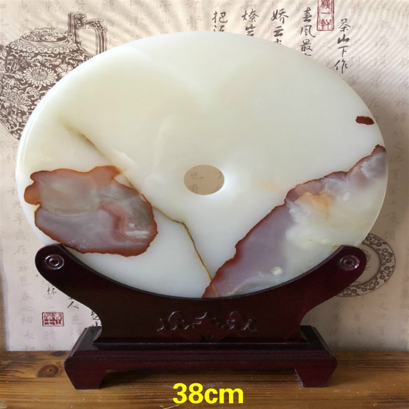 巴基斯坦天然玉石平安扣家居装饰摆设玄关乔迁和氏璧红花图案摆件