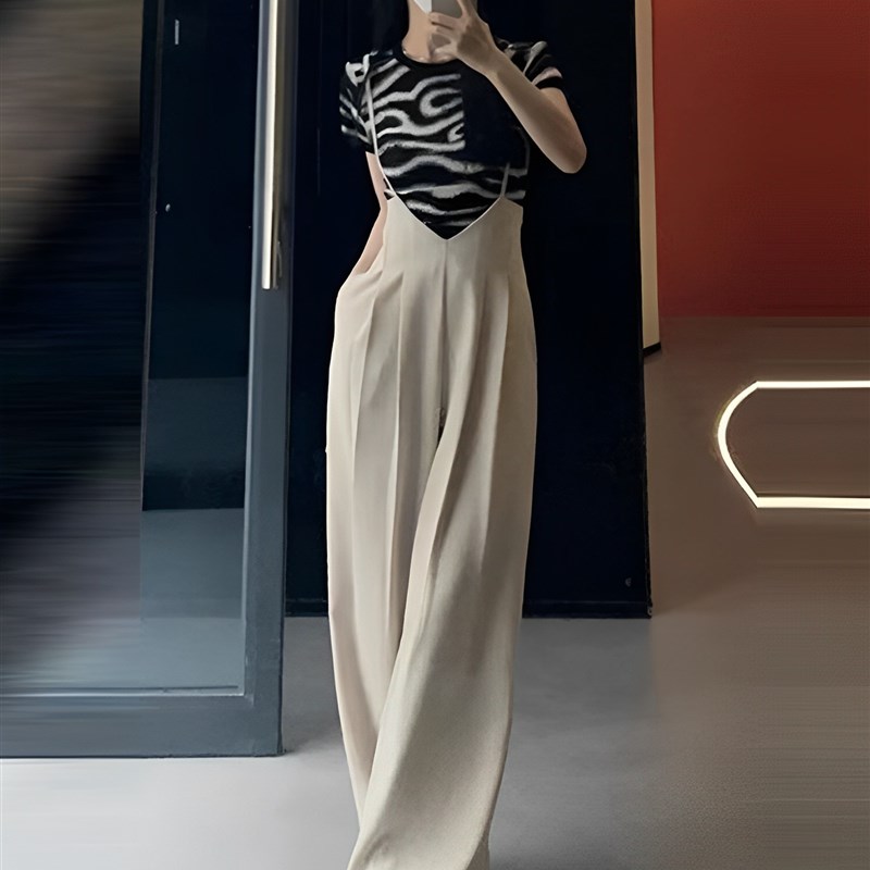 2023年夏季新款细肩带背带西装裤女时尚高腰显瘦阔腿裤垂感长裤