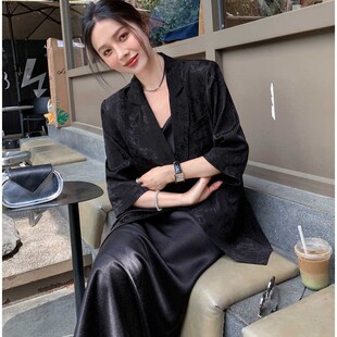 黑色新中式五分袖西装外套女夏季2024国风气质高级感薄款提花西服