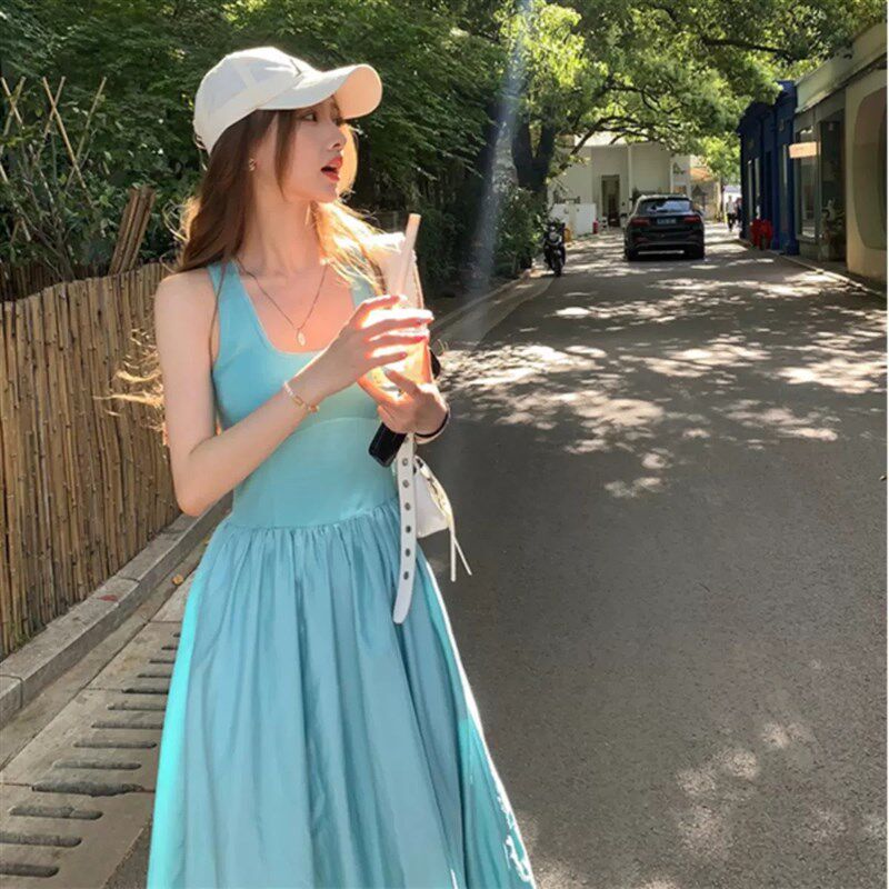 蓝色甜美海边度假沙滩裙无袖背心长裙收腰显瘦针织拼接吊带连衣裙,女装/女士精品,真丝上装,淘宝优惠券,粉丝福利购,淘宝优惠卷