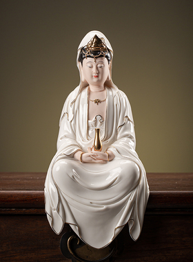 净瓶观音佛像中式陶瓷描金禅意灯圈家居客厅玄关摆件观世音菩萨像