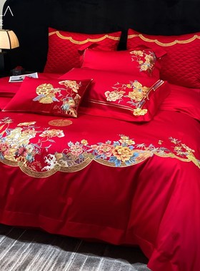 菲罗菈爱相随结婚喜被婚庆床品套件红色大红全棉四件套纯棉六件套