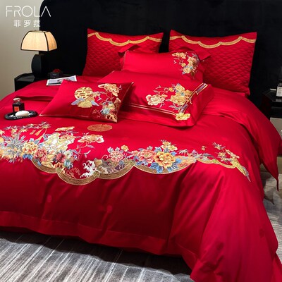 菲罗菈爱相随结婚喜被婚庆床品套件红色大红全棉四件套纯棉六件套