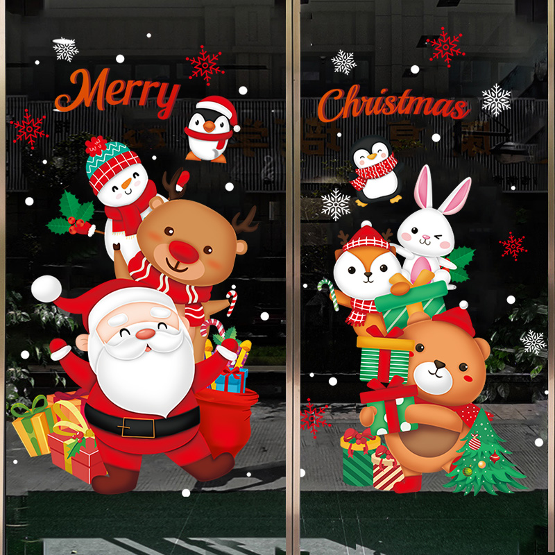 耶诞老人花环挂饰玻璃门贴耶诞节装饰品橱窗贴纸静电贴画场景布置