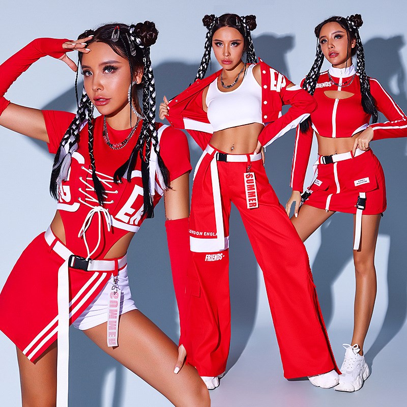 红色嘻哈街舞服装女团演出服韩舞女团打歌服跳舞衣服爵士舞蹈服女