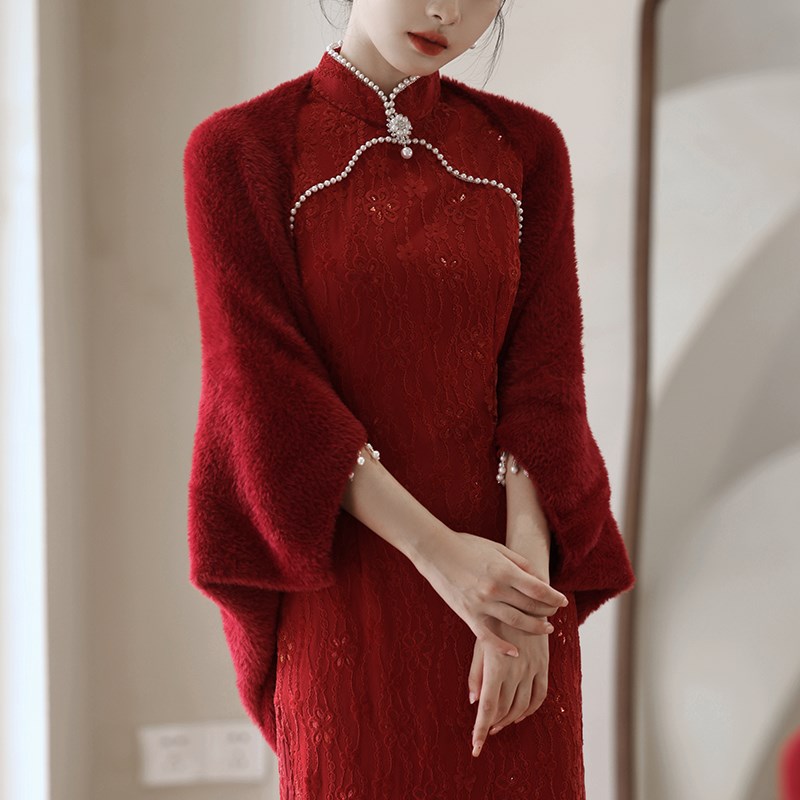 新娘结婚旗袍毛披肩秋冬婚礼外搭斗篷冬季保暖红色敬酒服披风外套