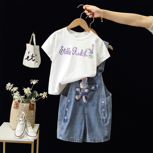 女童夏季背带裤套装中大童夏装短袖T恤儿童牛仔短裤童装两件套装