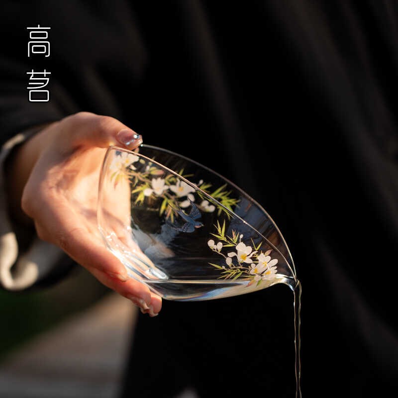 贴花耐热玻璃公道杯一叶扁舟分茶器茶海船型透明家用公杯泡茶匀杯