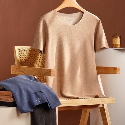 简云蚕丝德绒发热短袖t恤男士无痕保暖内衣加绒上衣羊毛打底衫冬