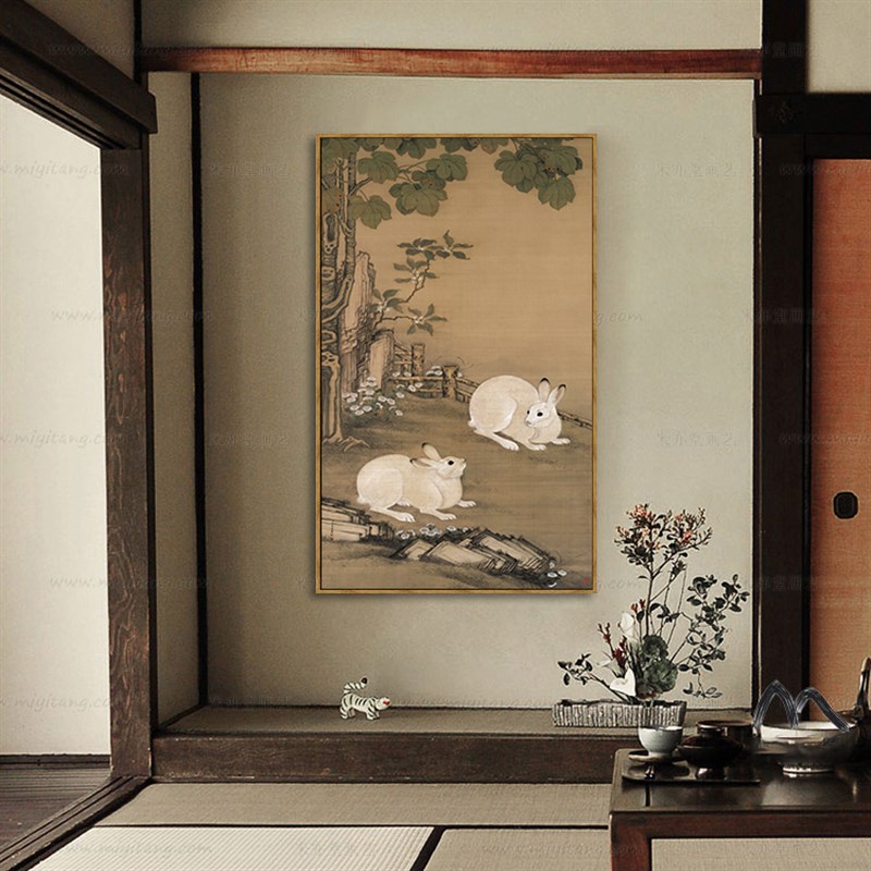 新中式古风客厅装饰画餐厅书房茶室挂画梧桐双兔图玄关画动物壁画图片