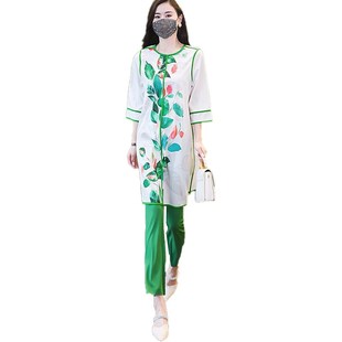 中国风七分袖中长款上衣微喇裤两件套2024夏季新款胖mm时尚套装女