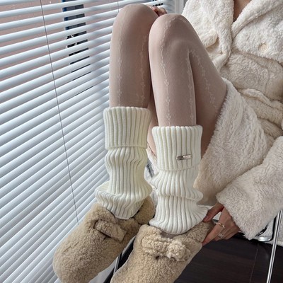 灰色袜套女秋冬季加厚保暖咖色腿套羊毛中筒堆堆袜jk米白色小腿袜