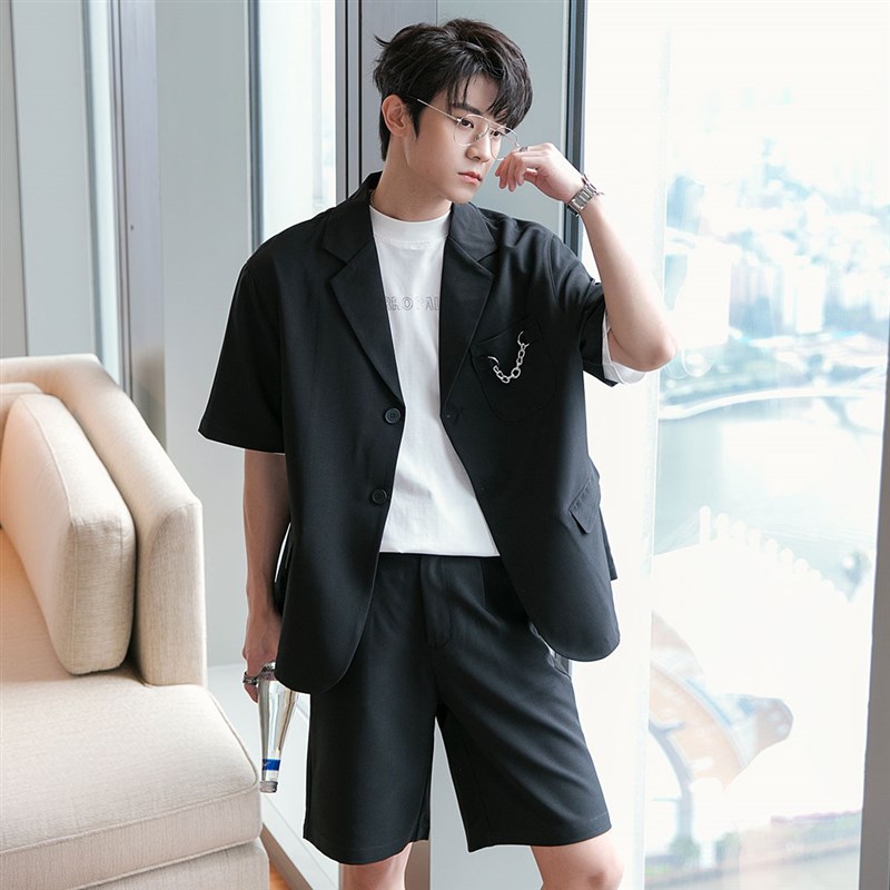 CHICERRO西西里男装白色西服套装短袖西装外套宽松休闲短裤男夏季