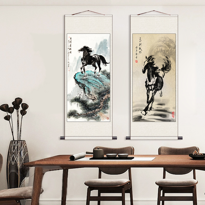 花鸟画卷轴画马到成功八骏图酒店挂画丝绸卷轴画名家字画客户礼品