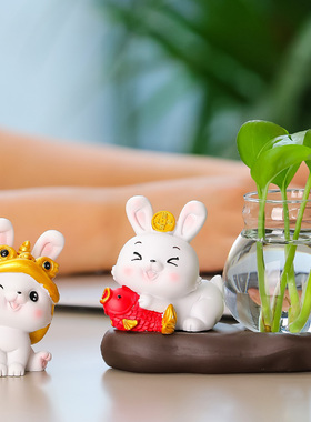 创意家居呆萌解压可爱小白兔桌面绿萝水培器皿办公桌电视柜小摆件