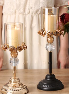 中世纪风格无障碍豪华黑色金属水晶玻璃玫瑰烛台高大欧式餐桌家居