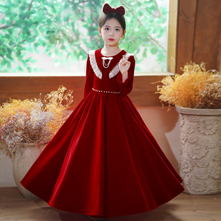女童高端红色裙子2023新款小女孩礼服儿童生日宴钢琴演出服公主裙