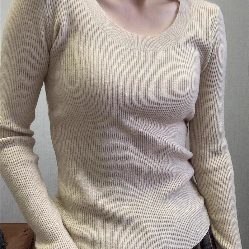 2025新款低圆领针织衫修身打底衫女内搭开春高级感U领白色毛衣女