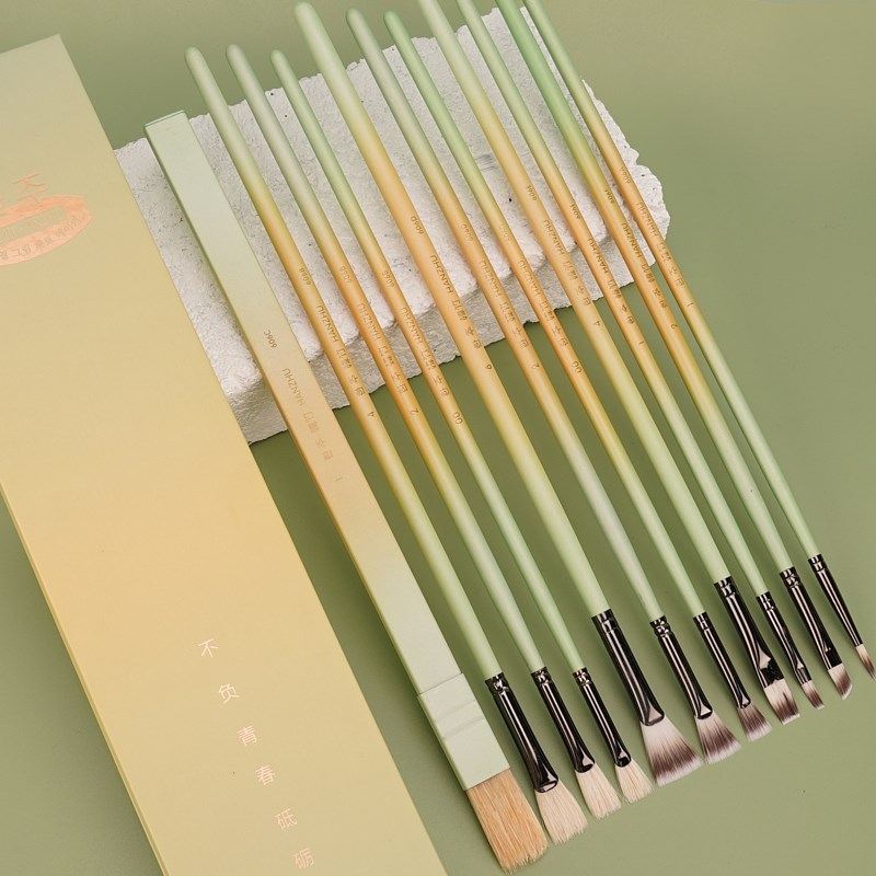 韩竹水粉笔油画笔套装美术专用11支丙烯笔扇形笔平头画笔排笔颜料