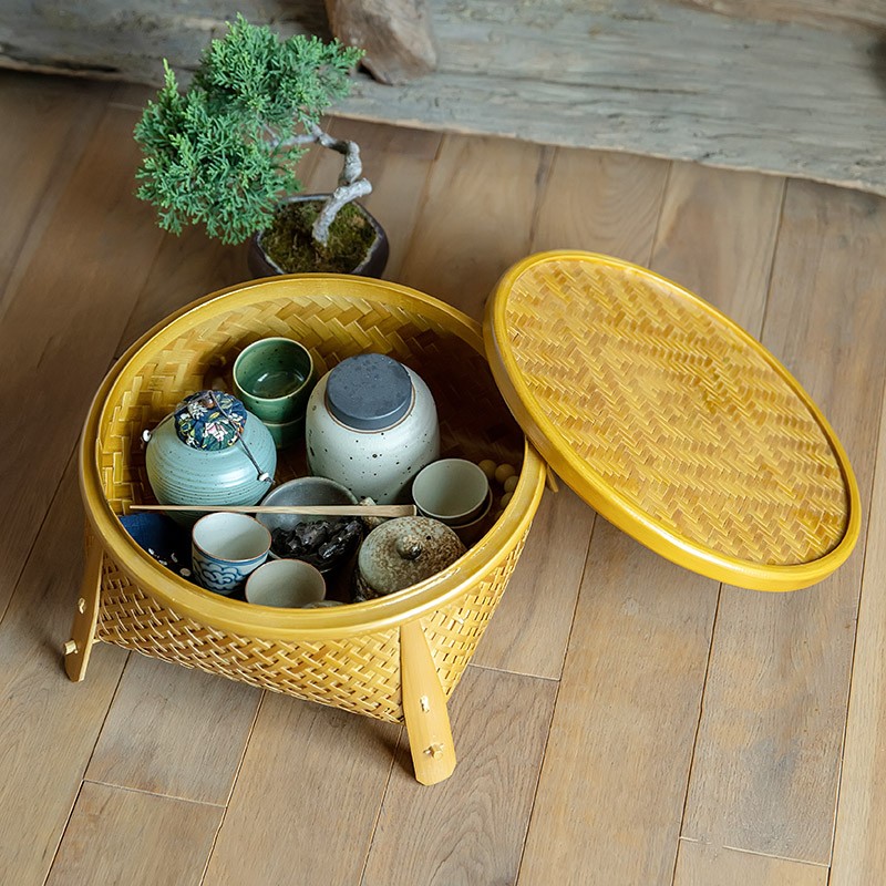 复古竹编工艺品收纳筐功夫茶具日式干泡茶台漆器茶盘竹篮茶道零配