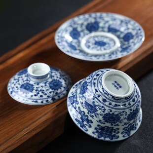 景德镇青花盖碗釉下彩泡茶碗八宝缠枝莲三才泡茶碗功夫茶具三件套