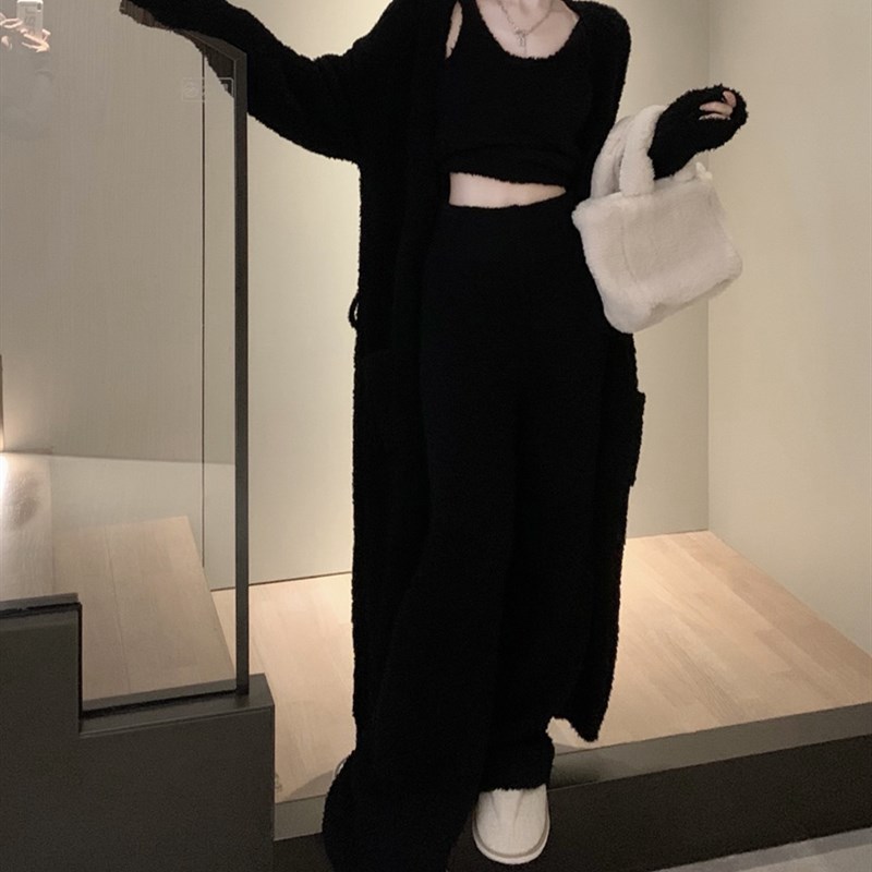 可外穿温柔长款外披睡袍+背心+阔腿长裤休闲毛茸茸加厚睡衣三件套