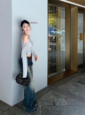 Mas Mash 缪斯气场 露肩飘带细闪面料斜肩修身显瘦打底针织上衣女