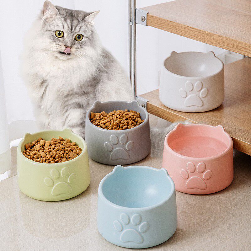 陶瓷宠物碗猫碗小型狗狗食碗高脚碗护颈预防黑下巴水碗爪子猫粮碗