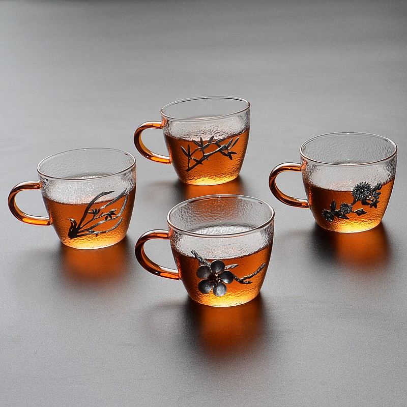 锤纹玻璃小茶杯带把日式功夫品茗杯子透明加厚家用镶锡主人杯