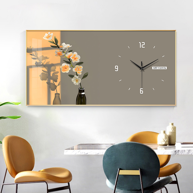 北欧餐厅装饰画时钟挂墙静音石英钟光影花卉挂画饭厅钟表挂钟客厅图片