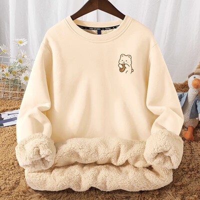 羊羔绒圆领卫衣女秋冬季女装新款加绒加厚小个子冬款上衣厚外套潮