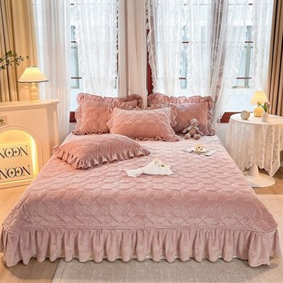 冬季高端婴儿绒床盖单件夹棉加厚高级感花边床单床铺盖三件套保暖