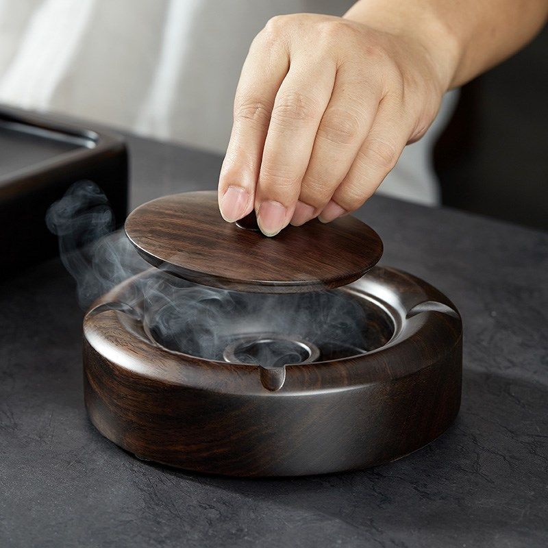 黑檀木烟灰缸带盖防飞灰办公室轻奢高级感家用客厅烟缸实木装饰品