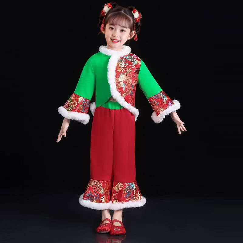 2024新款儿童秧歌服女开门红演出服民族扇子舞红色喜庆打鼓服冬款