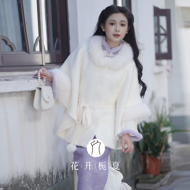 花开栀夏  白色披肩外套配旗袍留洋千金开衫斗篷大衣2024冬款